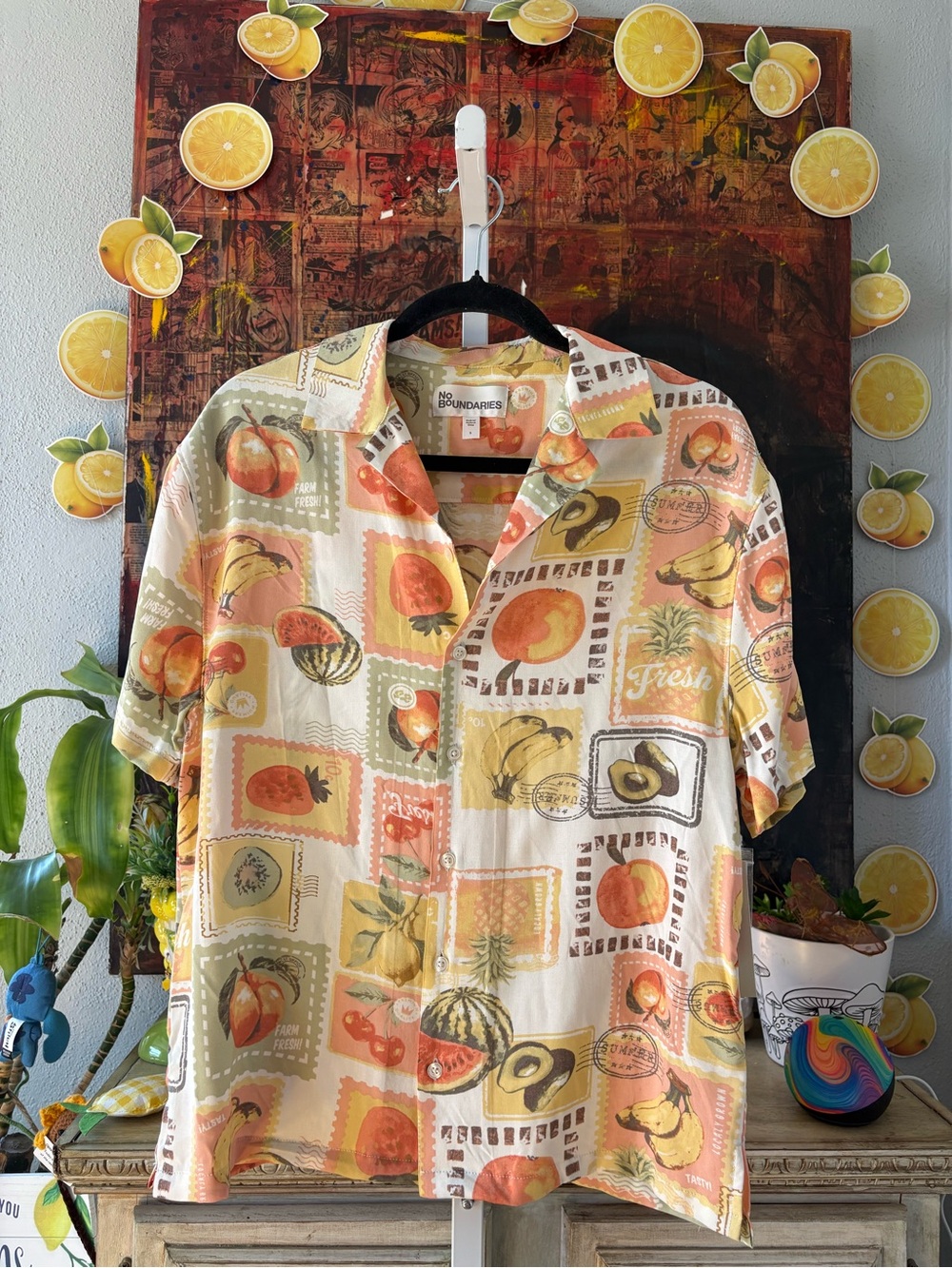 No Boundaries ,  NWT, Short Sleeve Button-Down Shirt, Fruit stamp print, 2Xl